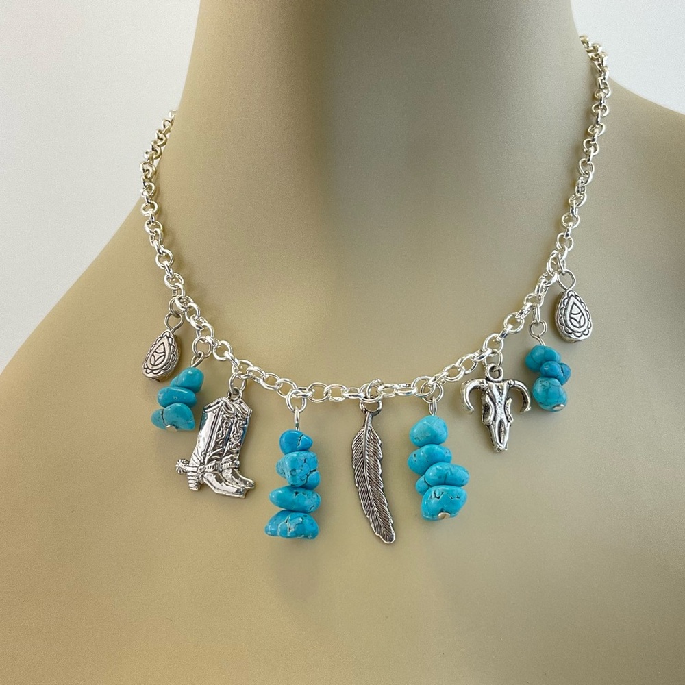 Western Multi Charm Necklace with Turquoise Howlite and Silver Plate, Cowgirl - Picture 3 of 7